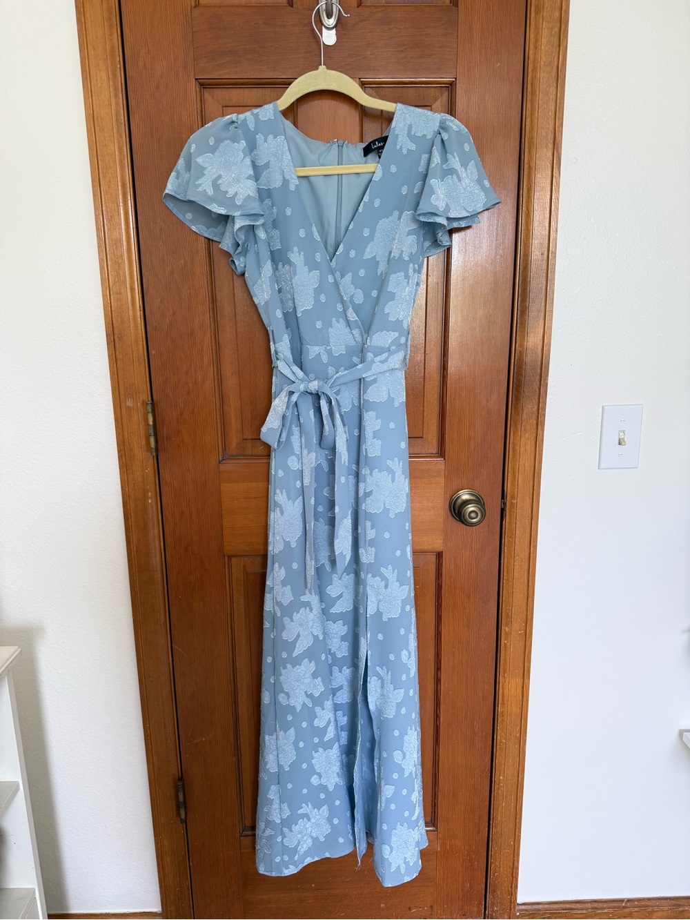 Lulu's Dusty Blue Floral Wrap Maxi Dress with Tie
